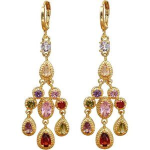 18K Gold Plated Rainbow Gemstone Flower Dangle Earrings